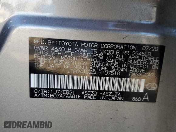 2020 Lexus IS 300 with VIN JTHDA1D25L5107518, listed as a Copart auction lot 87176444 with 20,664 mi miles and Salvage title. Bid and sale history available at DreamBid. Image 13.