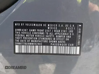 2021 Volkswagen Jetta GLI S z VIN 3VW6T7BU9MM052902, wystawiony jako IAAI lot #42286711 z przebiegiem 91 519 mil mil oraz . Historia ofert i sprzedaży dostępna na DreamBid. Obrazek 9.