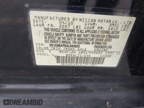 2010 Nissan Sentra 2.0 with VIN 3N1AB6AP6AL694925, listed as a IAAI auction lot 42872117 with 159,870 mi miles and . Bid and sale history available at DreamBid. Image 9.