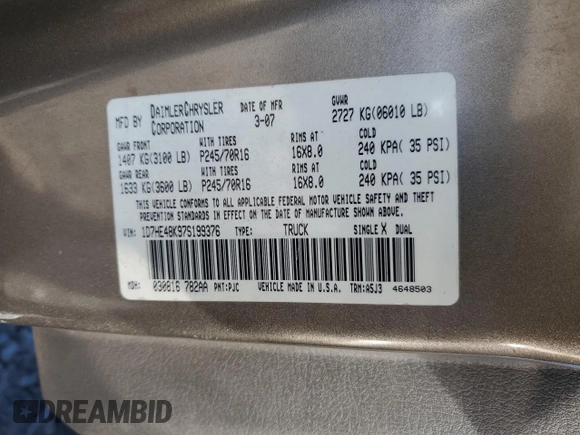 2007 Dodge Dakota SLT with VIN 1D7HE48K97S199376, listed as a Copart auction lot 88973885 with 192,774 mi miles and Salvage Title. Bid and sale history available at DreamBid. Image 12.