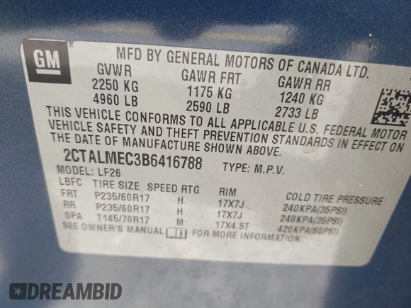 2011 GMC Terrain SLE-1 with VIN 2CTALMEC3B6416788, listed as a IAAI auction lot 42535381 with 106,752 mi miles and . Bid and sale history available at DreamBid. Image 9.