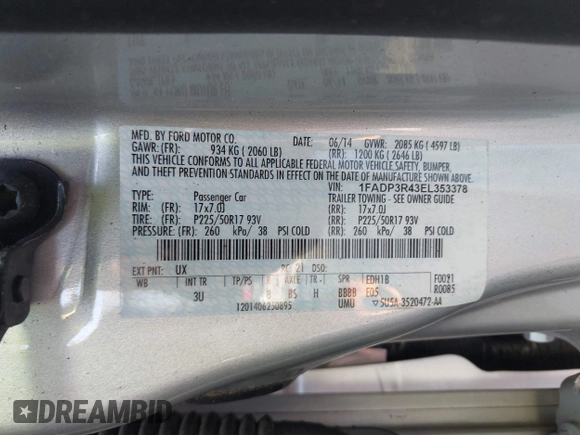 2014 Ford Focus Electric with VIN 1FADP3R43EL353378, listed as a IAAI auction lot 42555423 with 58,114 mi miles and . Bid and sale history available at DreamBid. Image 9.