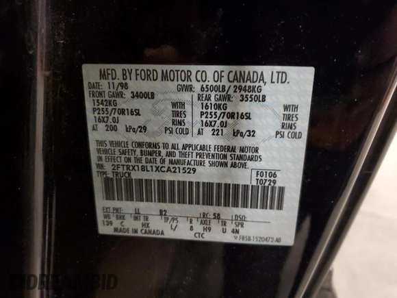 1999 Ford F-150 XL with VIN 2FTRX18L1XCA21529, listed as a Copart auction lot 45508675 with 258,940 mi miles and Salvage Title. Bid and sale history available at carsss.com. Image 12.