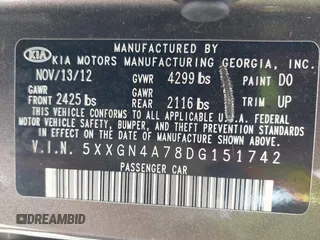 2013 Kia Optima EX с VIN 5XXGN4A78DG151742, выставлен на аукционе IAAI как лот 42631875 с пробегом 112 677 миль миль и . История ставок и продаж доступна на DreamBid. Изображение 9.