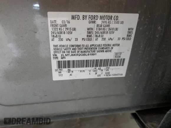 2016 Lincoln MKX Select with VIN 2LMTJ6KR2GBL61991, listed as a Copart auction lot 48429585 with 147,229 mi miles and Salvage Title. Bid and sale history available at DreamBid. Image 13.