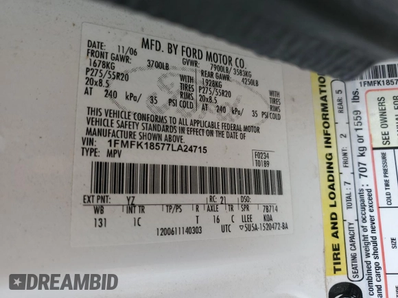 2007 Ford Expedition Max Eddie Bauer with VIN 1FMFK18577LA24715, listed as a Copart auction lot 46922925 with 142,205 mi miles and Salvage Title. Bid and sale history available at DreamBid. Image 13.