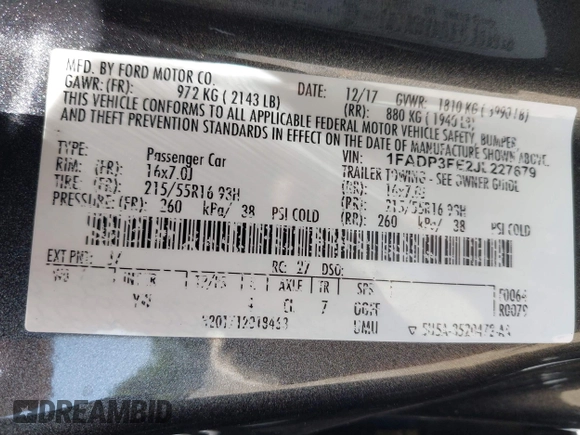 2018 Ford Focus SE with VIN 1FADP3FE2JL227679, listed as a IAAI auction lot 42296608 with 128,269 mi miles and . Bid and sale history available at DreamBid. Image 9.