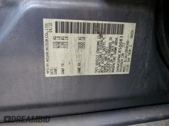 2010 Nissan Maxima 3.5 SV with VIN 1N4AA5AP4AC850083, listed as a Copart auction lot 53270335 with 148,678 mi miles and Salvage Title. Bid and sale history available at carsss.com. Image 12.