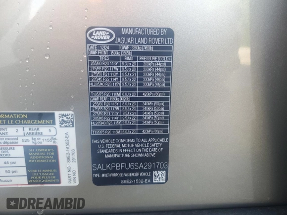 2025 Land Rover Range Rover SE with VIN SALKPBFU6SA291703, listed as a Copart auction lot 63094105 with 2,577 mi miles and Salvage title. Bid and sale history available at DreamBid. Image 13.
