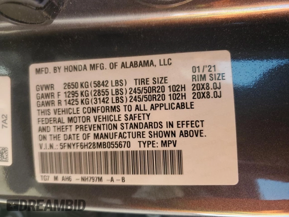 2021 Honda Pilot Special Edition with VIN 5FNYF6H28MB055670, listed as a Copart auction lot 54949425 with 51,948 mi miles and Salvage Title. Bid and sale history available at carsss.com. Image 13.