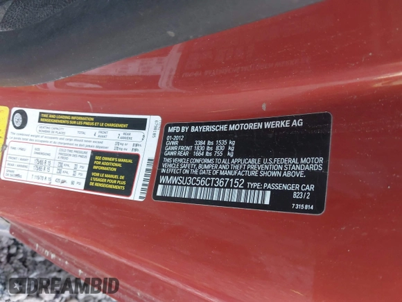 2012 MINI Hardtop with VIN WMWSU3C56CT367152, listed as a IAAI auction lot 41975768 with Not Provided miles and . Bid and sale history available at DreamBid. Image 9.