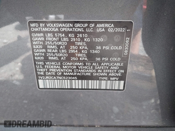 2022 Volkswagen Atlas SE z VIN 1V2JR2CA7NC523045, wystawiony jako IAAI lot #42072173 z przebiegiem 49 943 mil mil oraz . Historia ofert i sprzedaży dostępna na DreamBid. Obrazek 9.