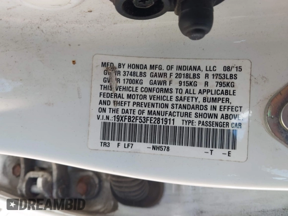 2015 Honda Civic LX with VIN 19XFB2F53FE281911, listed as a IAAI auction lot 42157020 with 201,003 mi miles and . Bid and sale history available at DreamBid. Image 9.