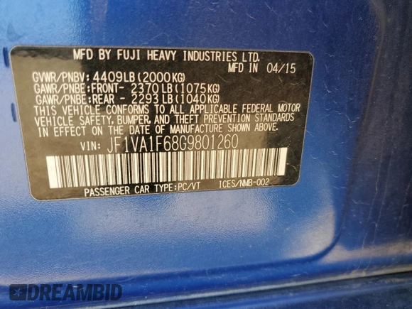 2016 Subaru WRX Premium z VIN JF1VA1F68G9801260, wystawiony jako Copart lot #52434735 z przebiegiem 104 299 mil mil oraz Szkoda całkowita • Salvage title. Historia ofert i sprzedaży dostępna na DreamBid. Obrazek 13.