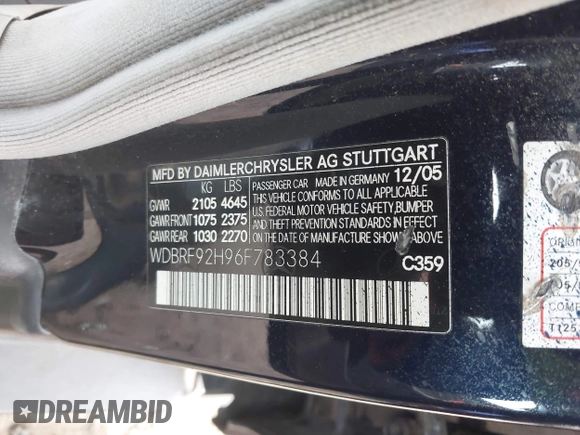 2006 Mercedes-Benz C 280 Luxury with VIN WDBRF92H96F783384, listed as a IAAI auction lot 41317074 with 122,501 mi miles and . Bid and sale history available at DreamBid. Image 9.