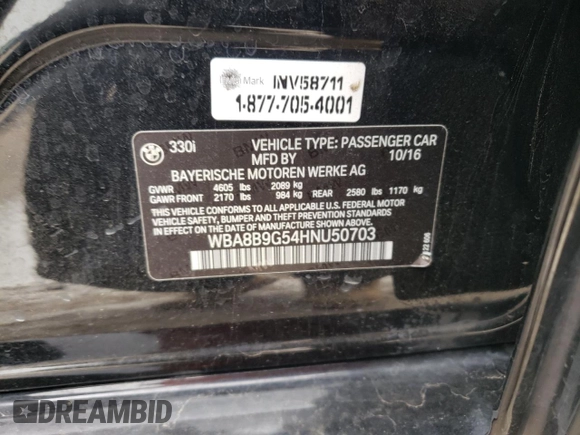 2017 BMW 3 Series 330i z VIN WBA8B9G54HNU50703, wystawiony jako Copart lot #54169295 z przebiegiem 107 729 mil mil oraz Szkoda całkowita • Salvage title. Historia ofert i sprzedaży dostępna na DreamBid. Obrazek 12.
