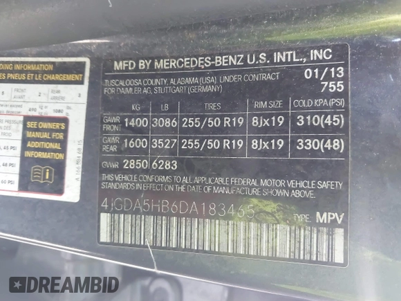 2013 Mercedes-Benz M 350 with VIN 4JGDA5HB6DA183465, listed as a IAAI auction lot 42769443 with 205,019 mi miles and . Bid and sale history available at DreamBid. Image 9.