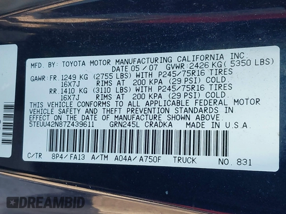 2007 Toyota Tacoma z VIN 5TEUU42N87Z439611, wystawiony jako IAAI lot #41694190 z przebiegiem 174 867 mil mil oraz . Historia ofert i sprzedaży dostępna na DreamBid. Obrazek 9.