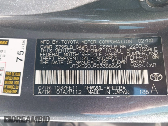 2008 Toyota Prius with VIN JTDKB20U983388664, listed as a IAAI auction lot 41862214 with 1 mi miles. Bid and sale history available at carsss.com. Image 9.