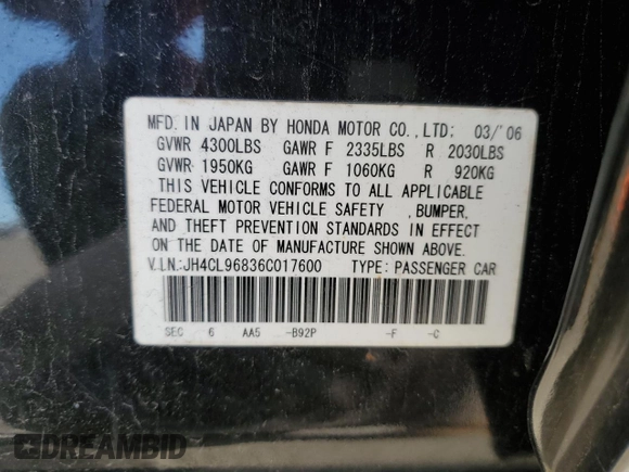 2006 Acura TSX z VIN JH4CL96836C017600, wystawiony jako Copart lot #53833585 z przebiegiem Nie podano mil oraz Szkoda całkowita • Salvage title. Historia ofert i sprzedaży dostępna na DreamBid. Obrazek 13.