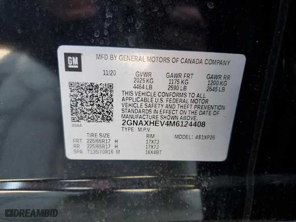 2021 Chevrolet Equinox LS with VIN 2GNAXHEV4M6124408, listed as a Copart auction lot 51142265 with 70,826 mi miles and Salvage Title. Bid and sale history available at carsss.com. Image 16.
