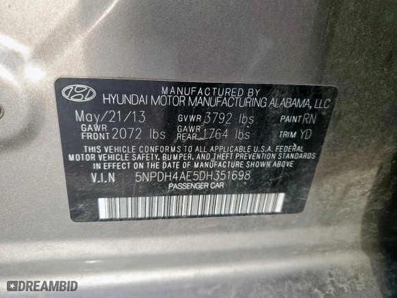 2013 Hyundai Elantra GLS PZEV with VIN 5NPDH4AE5DH351698, listed as a Copart auction lot 50455445 with 0 mi miles and Clean Title. Bid and sale history available at carsss.com. Image 12.
