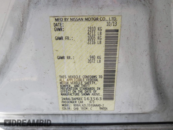 2014 Nissan Altima SV with VIN 1N4AL3AP6EC163563, listed as a IAAI auction lot 41964614 with 188,516 mi miles and . Bid and sale history available at DreamBid. Image 9.
