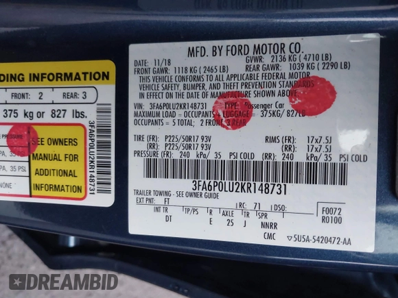 2019 Ford Fusion Hybrid SE with VIN 3FA6P0LU2KR148731, listed as a IAAI auction lot 41776405 with Not Provided miles. Bid and sale history available at carsss.com. Image 9.