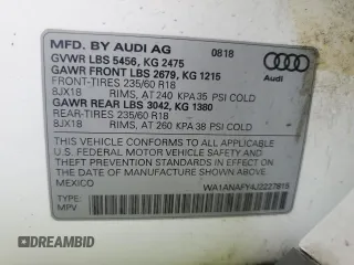 2018 Audi Q5 Premium with VIN WA1ANAFY4J2227815, listed as a Copart auction lot 48627415 with 0 mi miles and Salvage Title. Bid and sale history available at carsss.com. Image 13.
