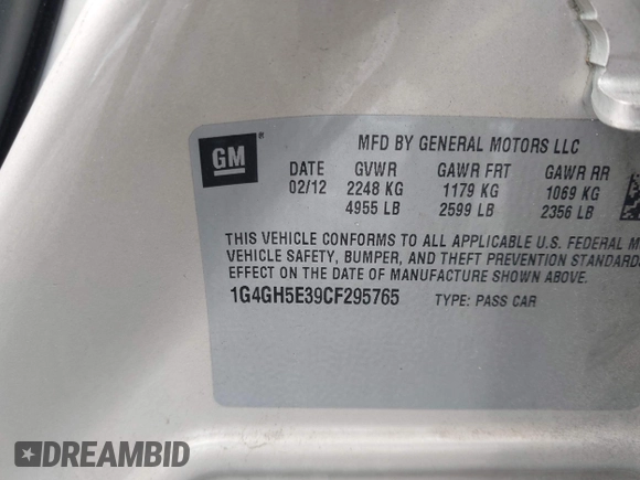 2012 Buick LaCrosse Premium 3 with VIN 1G4GH5E39CF295765, listed as a IAAI auction lot 42468860 with 121,070 mi miles and . Bid and sale history available at DreamBid. Image 9.