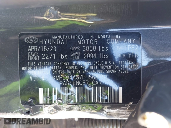 2023 Hyundai Elantra SEL with VIN KMHLM4AG7PU568751, listed as a IAAI auction lot 41657184 with 87,088 mi miles and . Bid and sale history available at DreamBid. Image 9.