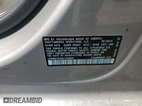 2013 Volkswagen Passat SE with VIN 1VWBH7A32DC150809, listed as a Copart auction lot 58417065 with 220,146 mi miles and Salvage title. Bid and sale history available at DreamBid. Image 12.