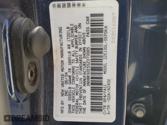2005 Toyota Corolla CE with VIN 1NXBR32E55Z373085, listed as a Copart auction lot 53168155 with 181,374 mi miles and Salvage Title. Bid and sale history available at DreamBid. Image 15.