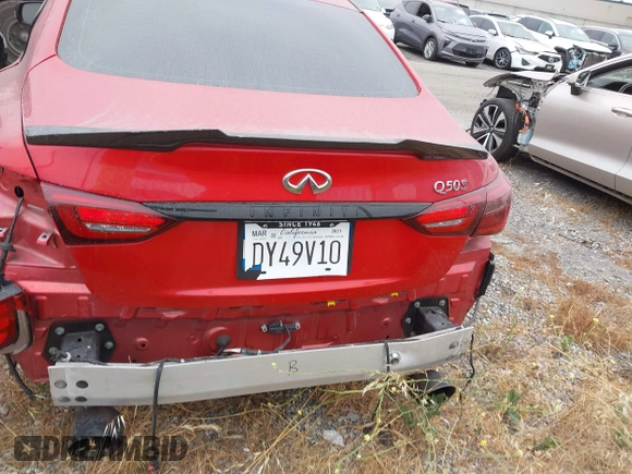 2021 Infiniti Q50 Red Sport 400 with VIN JN1FV7DP7MM850432, listed as a IAAI auction lot 42057935 with 15,936 mi miles and . Bid and sale history available at DreamBid. Image 17.