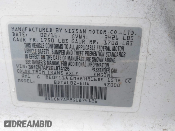 2016 Nissan Versa S z VIN 3N1CN7AP2GL874126, wystawiony jako IAAI lot #38894209 z przebiegiem 91 469 mil mil oraz . Historia ofert i sprzedaży dostępna na DreamBid. Obrazek 9.