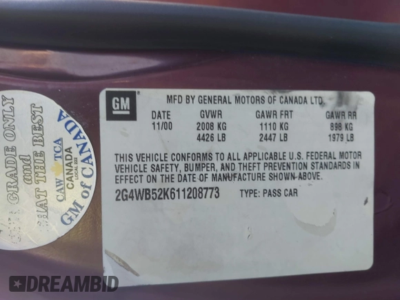 2001 Buick Regal LS with VIN 2G4WB52K611208773, listed as a IAAI auction lot 41437424 with 115,912 mi miles. Bid and sale history available at carsss.com. Image 9.