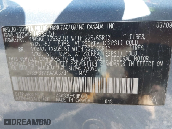 2009 Toyota RAV4 with VIN 2T3BF33V39W008781, listed as a IAAI auction lot 41679548 with 212,272 mi miles. Bid and sale history available at carsss.com. Image 9.