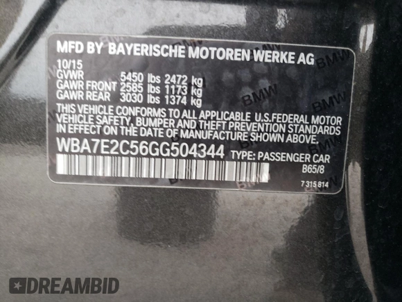 2016 BMW 7 Series 740i with VIN WBA7E2C56GG504344, listed as a Copart auction lot 79948323 with 85,993 mi miles. Bid and sale history available at carsss.com. Image 12.
