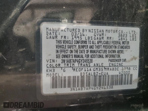 2016 Nissan Sentra SR with VIN 3N1AB7AP4GY246538, listed as a Copart auction lot 53132935 with 111,487 mi miles and Non Repairable. Bid and sale history available at DreamBid. Image 14.
