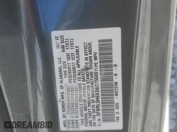 2013 Honda Odyssey EX-L with VIN 5FNRL5H6XDB015049, listed as a Copart auction lot 48691415 with 150,480 mi miles and Salvage Title. Bid and sale history available at DreamBid. Image 15.