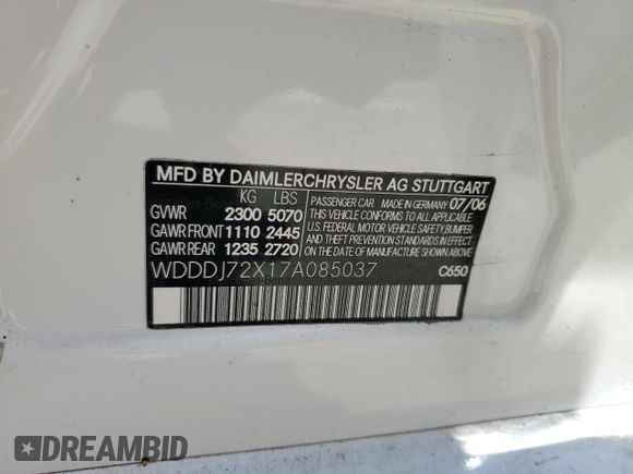 2007 Mercedes-Benz CLS-Class 5.5L with VIN WDDDJ72X17A085037, listed as a Copart auction lot 73697284 with 0 mi miles and Non Repairable. Bid and sale history available at carsss.com. Image 13.