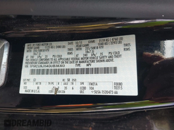 2016 Ford Escape Titanium with VIN 1FMCU9JX4GUB38303, listed as a IAAI auction lot 41788421 with 138,511 mi miles and . Bid and sale history available at DreamBid. Image 9.
