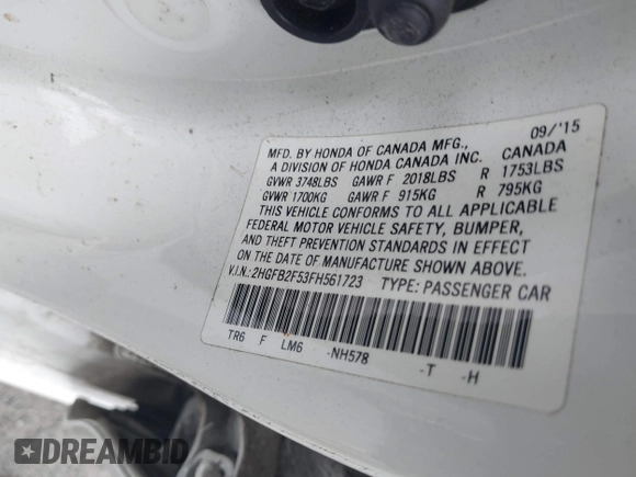 2015 Honda Civic LX with VIN 2HGFB2F53FH561723, listed as a IAAI auction lot 42163448 with 55,704 mi miles. Bid and sale history available at carsss.com. Image 9.