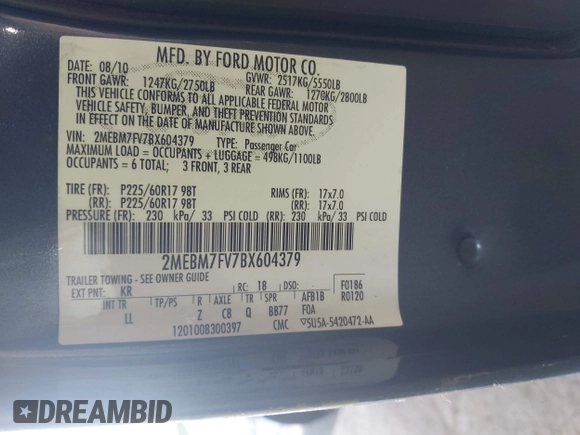 2011 Mercury Grand Marquis LS with VIN 2MEBM7FV7BX604379, listed as a IAAI auction lot 42134407 with 55,151 mi miles and . Bid and sale history available at DreamBid. Image 9.