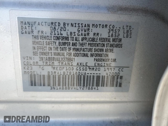 2020 Nissan Sentra S with VIN 3N1AB8BV4LY278841, listed as a Copart auction lot 46375875 with 62,974 mi miles and Salvage Title. Bid and sale history available at carsss.com. Image 14.