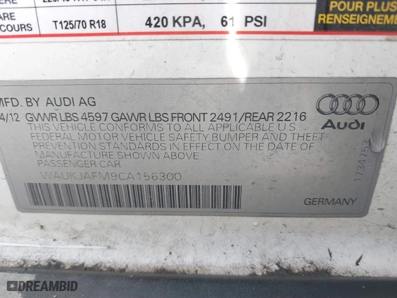 2012 Audi A3 2.0 TDI Premium Plus with VIN WAUKJAFM9CA156300, listed as a IAAI auction lot 41565757 with 100,524 mi miles. Bid and sale history available at carsss.com. Image 9.