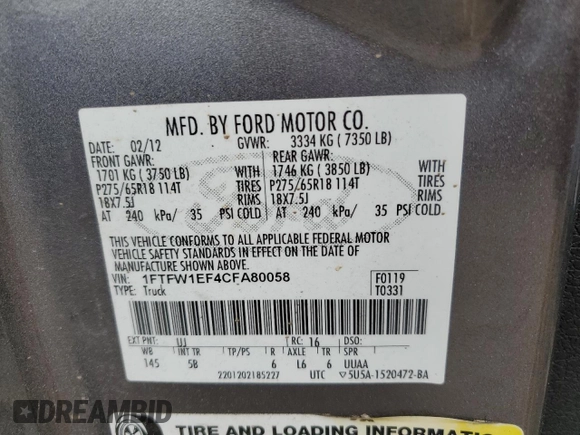 2012 Ford F-150 XL с VIN 1FTFW1EF4CFA80058, выставлен на аукционе Copart как лот 54190705 с пробегом 107 864 миль миль и Чистый • Clean title. История ставок и продаж доступна на DreamBid. Изображение 13.