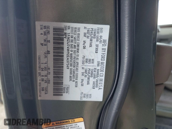 2002 Ford Explorer Eddie Bauer with VIN 1FMZU74W92ZA37349, listed as a Copart auction lot 42960695 with 206,675 mi miles and Salvage title. Bid and sale history available at DreamBid. Image 13.