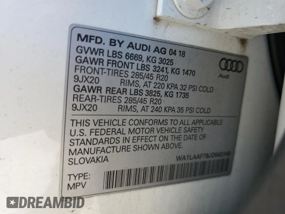 2018 Audi Q7 Premium Plus z VIN WA1LAAF78JD043140, wystawiony jako Copart lot #64671315 z przebiegiem 43 709 mil mil oraz Szkoda całkowita • Salvage title. Historia ofert i sprzedaży dostępna na DreamBid. Obrazek 14.