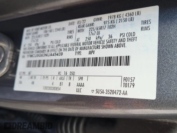 2022 Ford Escape SE с VIN 1FMCU0G63NUA45439, выставлен на аукционе IAAI как лот 42556163 с пробегом 76 088 миль миль и . История ставок и продаж доступна на DreamBid. Изображение 37.